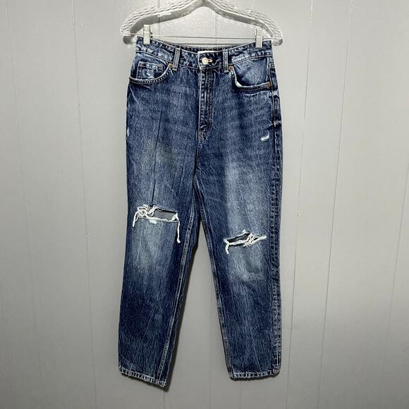 Zara Blue Dark Wash Distressed Straight Leg High Rise Relaxed Jeans 6 - Picture 1 of 8